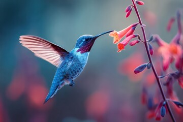 Fototapeta premium Hummingbird in flight next to spring flower