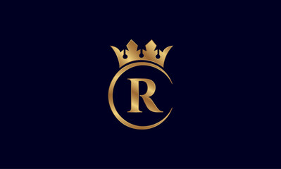 Luxury Golden Letter R Logo with Royal Crown and Circular Frame on Dark Background