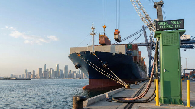 Wide View of Large Container Ship Docked at Port Connected to Green Shore Power Station for Eco-Friendly Maritime Logistics Concept