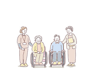 介護、福祉のイラスト（車椅子、ケアマネジャー、看護師、介護士、高齢者）