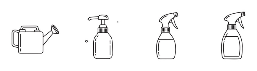 Modern outline icons of watering can, pump bottle, and spray dispensers suitable for various applications in gardening, cleaning, and household product concepts