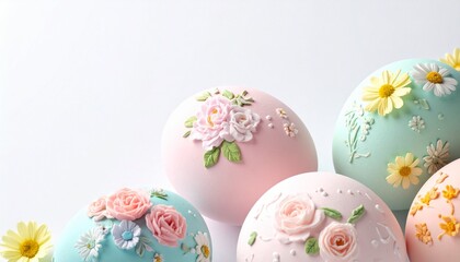 Fototapeta premium Pastel Easter Eggs with Floral Designs on White Background