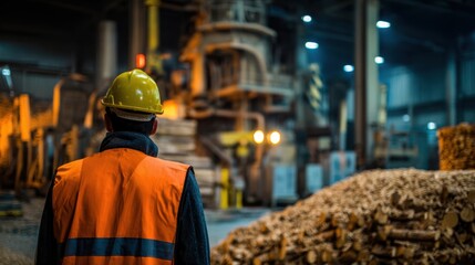 The Worker in a Hard Hat Overseeing Wood Processing Operations Inside Industrial Mill