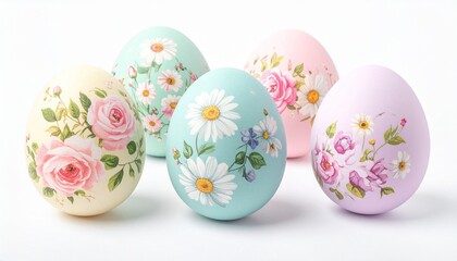 Pastel Easter Eggs with Floral Designs on White Background