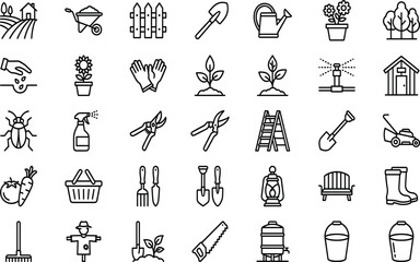 Obraz premium Gardening and farming icon set vector illustration, line art tools wheelbarrow shovel watering can seedling gloves scarecrow for garden agriculture nature designs