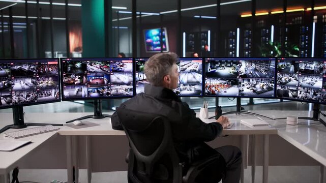 Man Monitors Multiple Advanced Surveillance Cameras