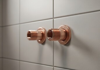 Copper wall mounted faucet handles on white tiled bathroom wall with shadows