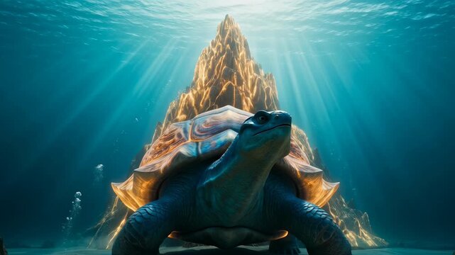 Majestic Underwater Tortoise with Mountain Peak in the Background, Sunlight Rays Piercing the Ocean Surface, Creating a Serene and Mythical Atmosphere