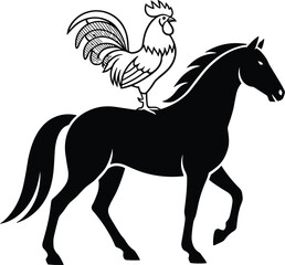 Fototapeta premium Rooster riding horse silhouette vector illustration, surreal black farm animal mashup galloping rooster on horseback for zodiac fantasy mascot and decorative