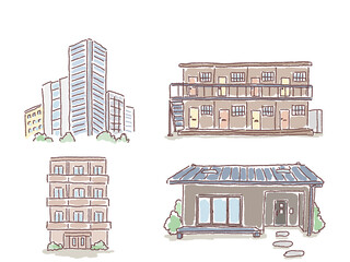 建物のイラストセット（アパート、ビル、平屋、マンション、）