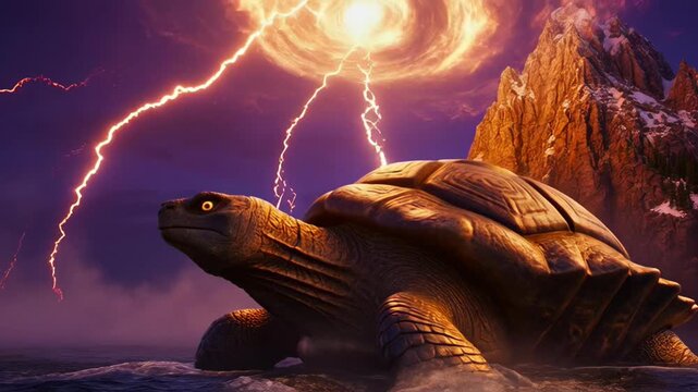 Mythological Tortoise Carving with Stormy Sky and Lightning, Symbolic Representation of Hindu Dashavatara and Kurma Avatar in Artistic Style
