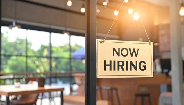 A sign reading now hiring hangs in a restaurant or cafe