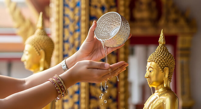 Pouring Water from Silver Bowl in Traditional Songkran Ritual