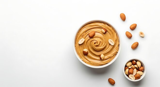A bowl of creamy peanut butter with almonds on top and around