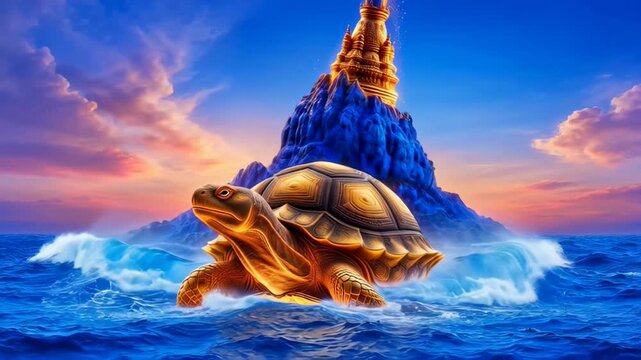 Mythological Turtle and Mountain Scene Depicting the Churning of the Ocean for Amrita During Kurma Jayanti Celebration