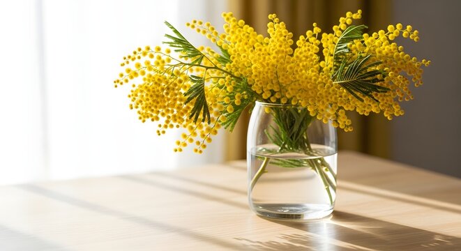 Yellow Mimosa Flowers Bouquet in Glass Vase on Wooden Table Sunlight