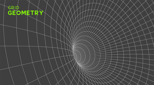 Abstract geometric 3D wireframe mesh tunnel with perspective grid lines in minimalist black and white style for technology, business, science and digital network designs, futuristic vector.
