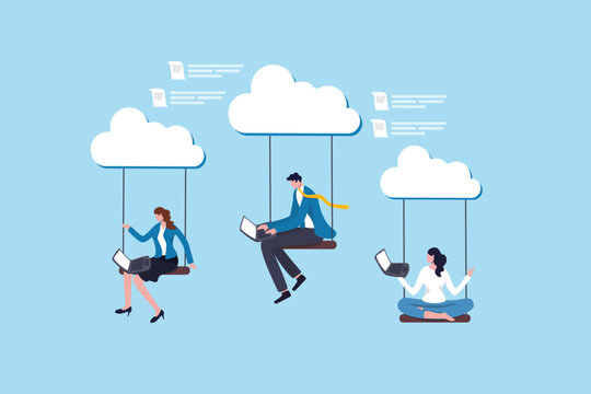 Remote office working on cloud, wireless computer network teamwork, technology or innovation to work anywhere, virtual team meeting concept, business people working remotely on cloud computing.