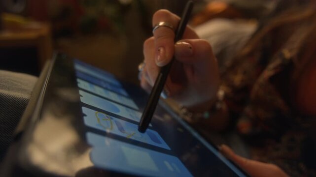 Side view close up shot of unrecognizable young woman using stylus on digital tablet screen and marking UI design elements while developing mobile app at home, copy space