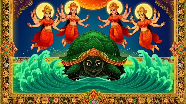 Vivid Digital Illustration of Lord Vishnu s Kurma Avatar During Churning of the Ocean with Divine Women and Serene Ocean Background