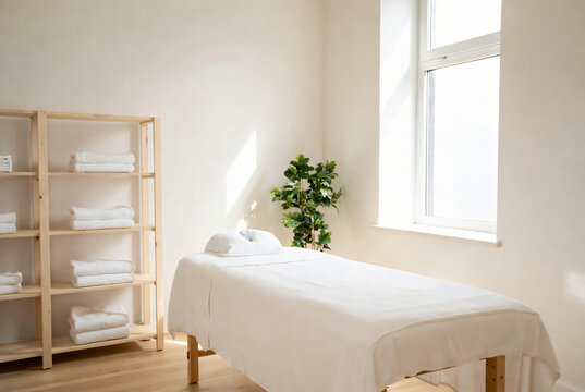 Bright Minimalist Spa Treatment Room with White Massage Table and Natural Plant Decor