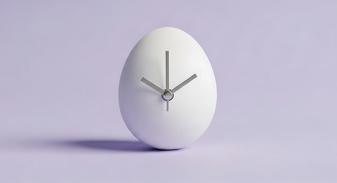 A white egg shaped clock on a light purple background with silver hands