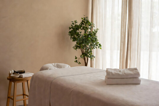Serene Spa Interior with Massage Table, Soft Daylight and Elegant Natural Decor