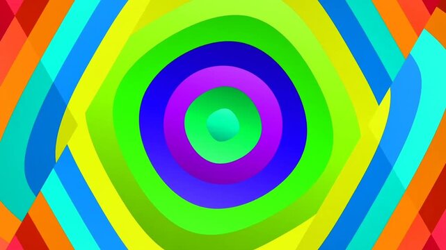 Seamless loop of vibrant rainbow-colored geometric squircles expanding over a multi-colored background. Modern abstract motion graphics for high-energy digital creative projects.