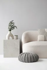 Fotobehang Boho Modern scandinavian style interior with sofa and trendy vase, Home staging and minimalism concept. Minimal Scandi interior. Empty white wall background.   © kite_rin