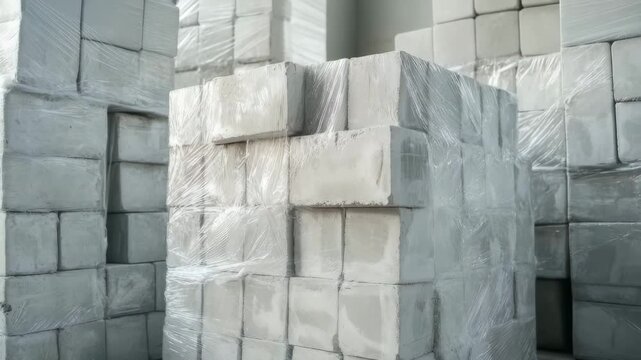 Pallets of concrete blocks wrapped in plastic film waiting for shipment in a building material warehouse
