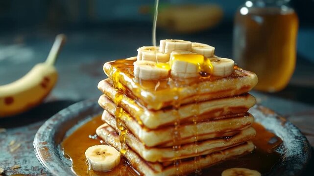 Golden syrup cascades down a stack of freshly made waffles topped with sliced bananas for breakfast