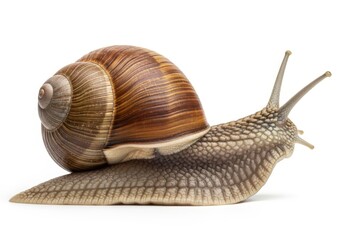 Terrestrial gastropod mollusk displays textured shell and extended eyestalks against a white background