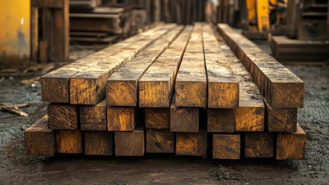 Stack of long square wooden beams or timber planks at an industrial warehouse or construction site