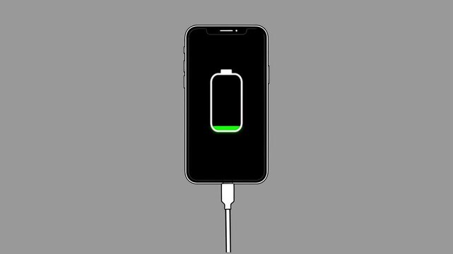 A black smartphone with a green battery icon is shown charging with a white cable against a gray background.