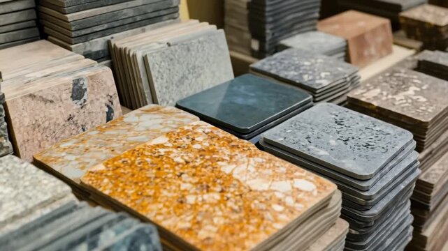 Many stone tile samples for countertops and flooring displayed at a hardware store showroom