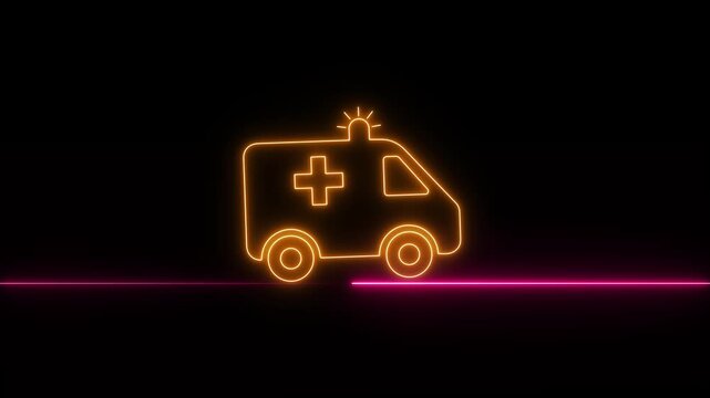 Neon Glowing Colorful transport on way road ambulance icon animation. Ambulance emergency service. Medical rescue service video footage.
