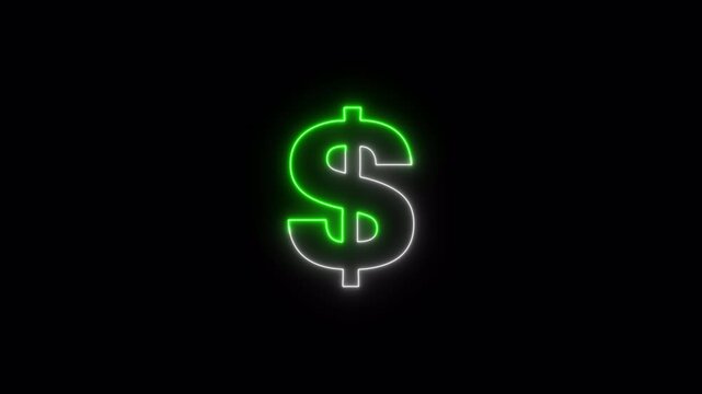 Dollar icon animation, glowing neon dollar sign, financial and wealth concept symbol on black background. Neon dollar icon.	