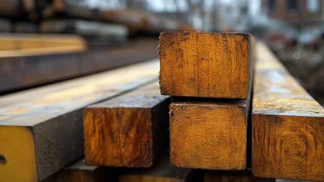 Cut square wooden beams with visible growth rings stacked neatly at a lumber mill or warehouse