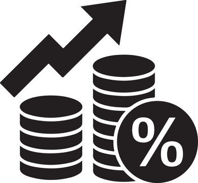 Black and white of stacked coins with percentage sign and rising arrow