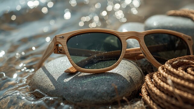 Bamboo sunglass and paracord on river stone