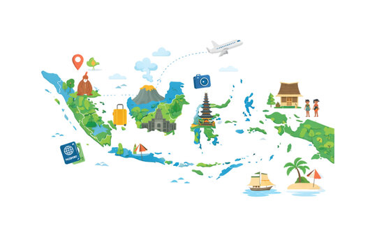 Indonesia Travel Map Illustration with Tourism Landmarks and Cultural Elements
