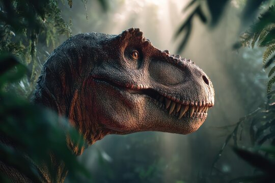 T-Rex standing in a misty prehistoric jungle