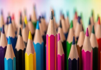 Group of sharpened colored drawing instruments displaying vibrant hues stands prominently with one unique item highlighted.