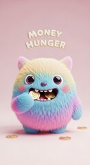 Fototapeta premium Colorful Cartoon Monster with Coins and Hunger Text.