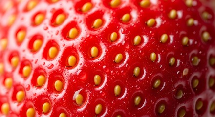 Close-up of fresh ripe strawberry with seeds and water drops