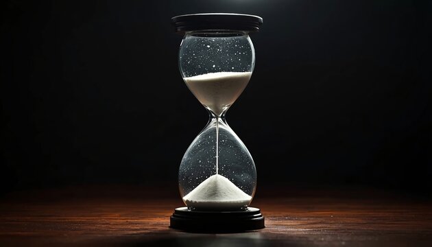 Minimalist Glass Sand Timer with White Sand on a Dark Desk