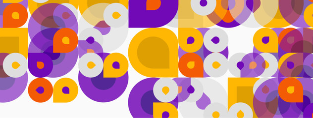 Abstract pattern. Circles, squares overlap creating vibrant visual texture. Orange, purple dominate composition. Modern design element.
