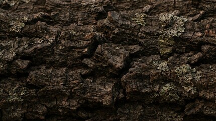 Close-up texture of rough, dark tree bark with moss, showcasing natural patterns.