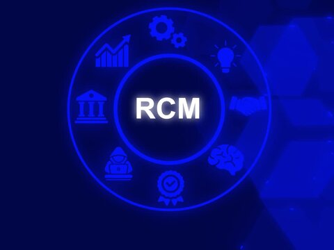 RCM is the process healthcare organizations use to manage financial operations related to billing and collecting revenue for medical services. Motion graphics 4K video. RCM virtual icons screen.
