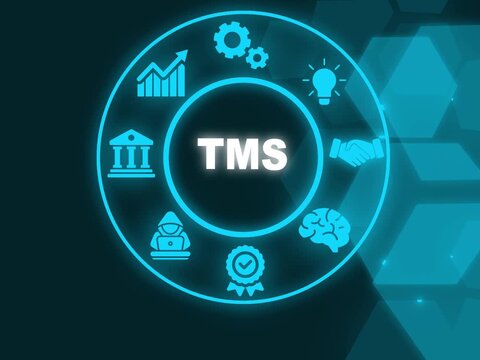 TMS Transport Management system concept, software solutions used by companies for transportation logistics operations. Business concept background, Motion graphics 4K video. TMS virtual icons screen..